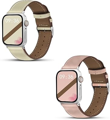 Genuine Leather Band Compatible with Apple Watch for Women Men 49mm 46mm 45mm 44mm 42mm 41mm 40mm 38mm, Soft Leather Replacement Strap for iWatch Ultra SE Series 10 9 8 7 6 5 4 3 2 1(2 pack)