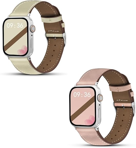 Genuine Leather Band Compatible with Apple Watch for Women Men 49mm 46mm 45mm 44mm 42mm 41mm 40mm 38mm, Soft Leather Replacement Strap for iWatch Ultra SE Series 10 9 8 7 6 5 4 3 2 1(2 pack)