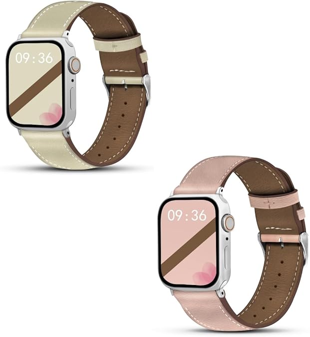 Genuine Leather Band Compatible with Apple Watch for Women Men 49mm 46mm 45mm 44mm 42mm 41mm 40mm 38mm, Soft Leather Replacement Strap for iWatch Ultra SE Series 10 9 8 7 6 5 4 3 2 1(2 pack)