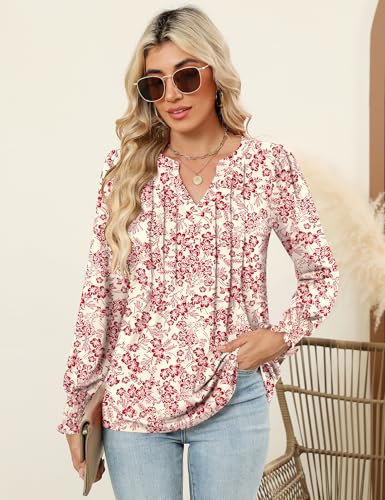 LOMON Womens Tops Dressy Casual Pleated Ruffle Long Sleeve Tunics Tops to Wear with Leggings V Neck Work Blouse2