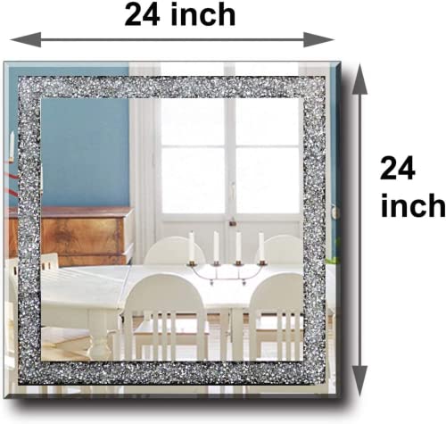 Shyfoy Crystal Mirrors For Wall Decor Decorative Wall Mirror Silver Sparkly Crush Diamond Hanging Wall-Mounted Mirror For Living Room Stunning Home Décor Modern Glass Art 24"X24" #TOP3