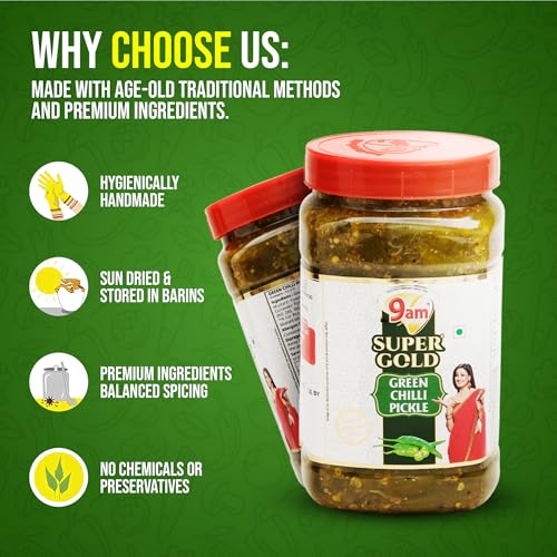 Image of 9AM Super Gold Green Chilli Pickle 900g - Spicy & Flavorful Indian Pickle (Pack of 2)