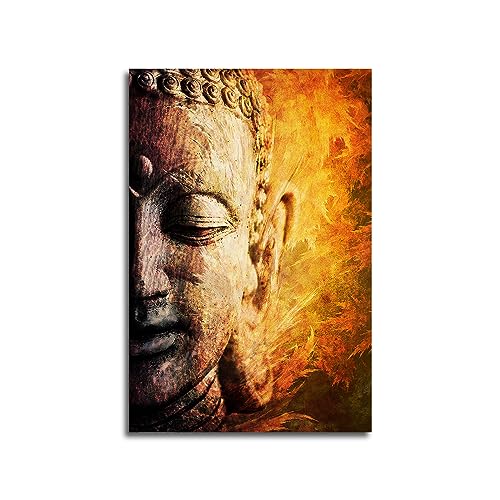 GENGSHENG Toile murale de Bouddha dorée - Décoration zen pour salon, chambre à coucher, salle d'étude, méditation, tête de Bouddha - Visage spirituel - 40,6 x 61 cm