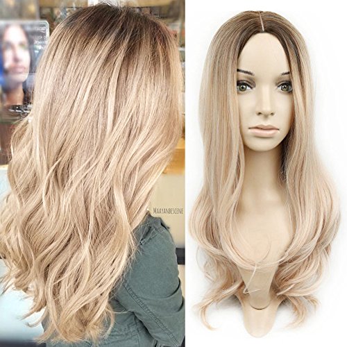 HANNE Ombre Color Long Wavy Wig Heat Resistant Synthetic Hair Wigs for Women (Ash Blonde)