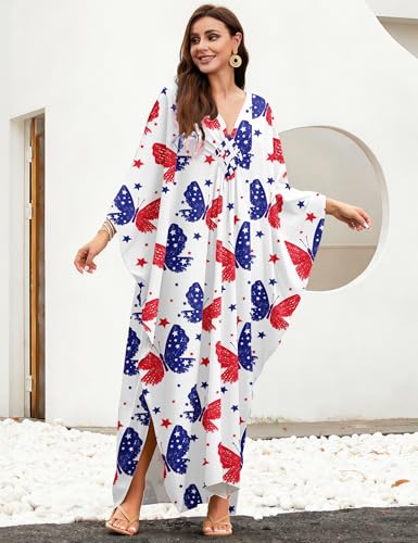 Image of MAKABO Kaftan Dresses for Women, V Neck Moo Moos Colorful Print Cover Ups Caftan Beach Dresses for Swimwear