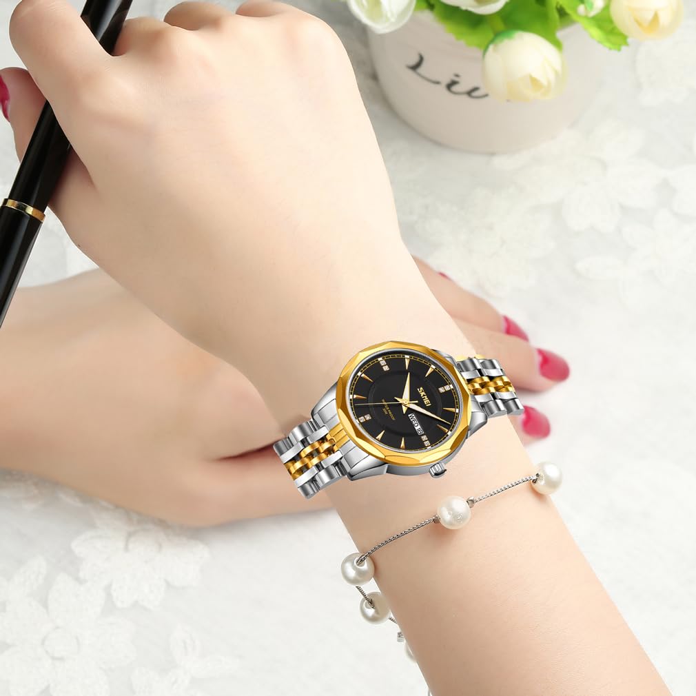 Relojes para mujeres mujeres vestido de acero inoxidable de lujo negocios clásico moda analógico cuarzo impermeable simple día fecha esposa niñas regalos oro plata reloj de pulsera SKMEI, Correa