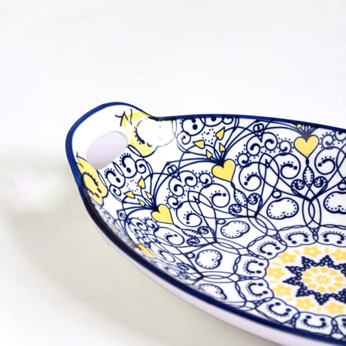 Image of Nestasia Set of 2 Dark Blue Mandala Ceramic Long Dish with Handles for Serving Snacks, Appetizers, Salads, and Noodles | Microwave Safe, Dishwasher Safe (10.8 Inch)