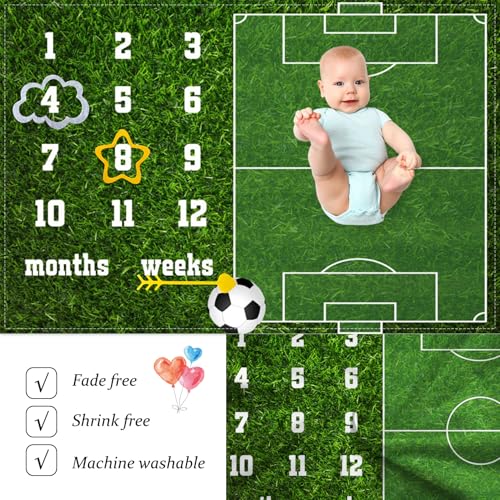 Image of Soccer Theme Baby Monthly Milestone Blanket Football Sports Nursery Decor Photography Background Newborn Growth Record Prop 60 inchx40 inch with Frames