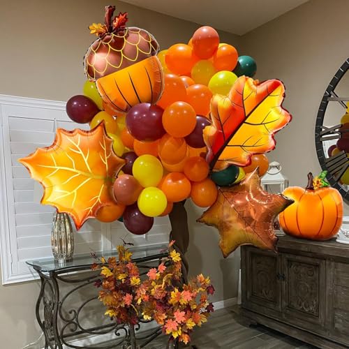 Image of Fall Balloons Thanksgiving Decorations Orange Pumpkin Maple Leaf Pine Cones Mylar Foil Balloon Harvest Autumn Balloons for Happy Thanksgiving Baby Shower Birthday Festival Fall Party Decoration