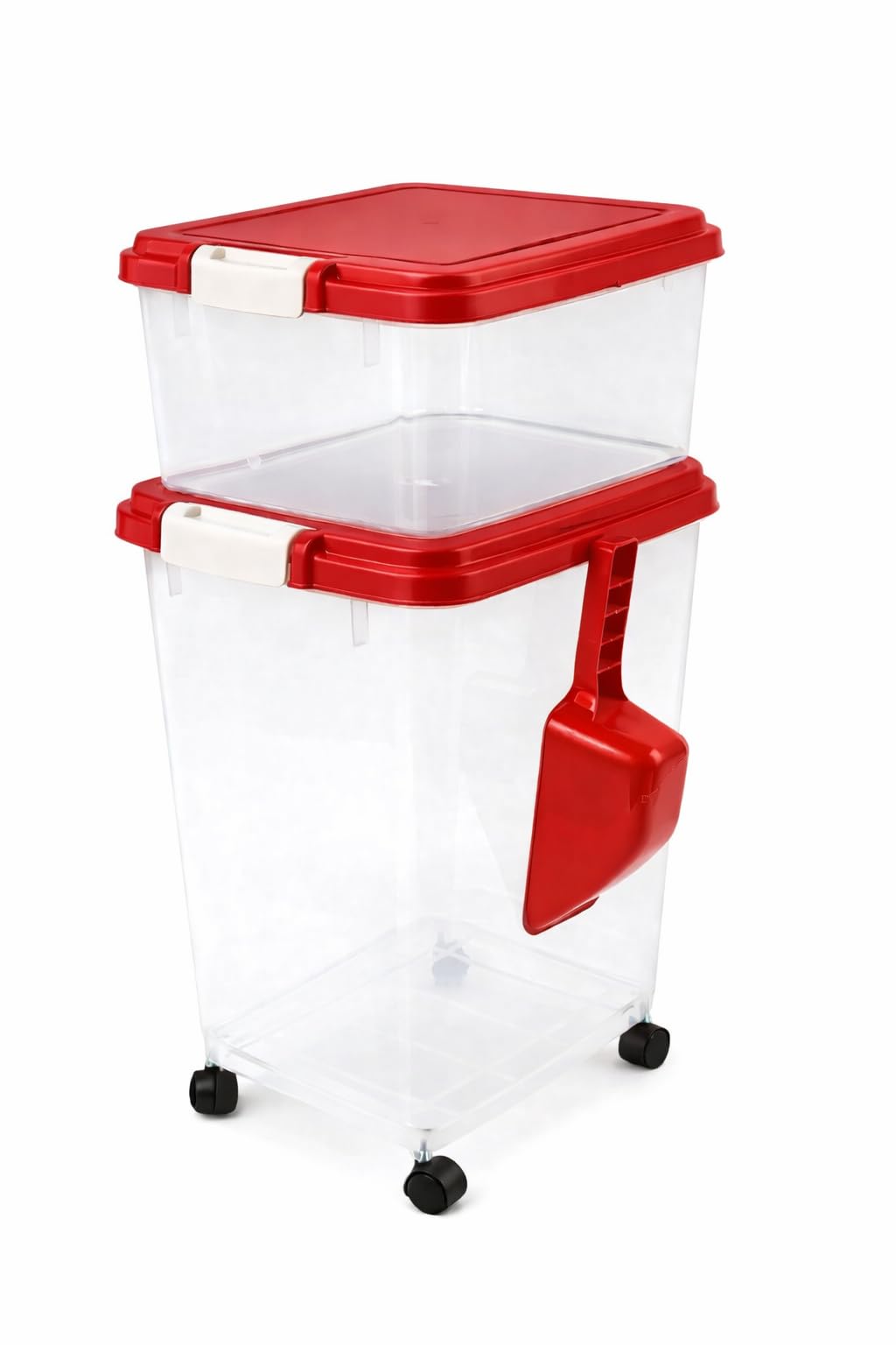 raxter Pet Food Storage Container Set, Clear with Red Lid, Food-Grade Plastic, 45L Combined Capacity, Airtight Seal, Wheeled Base, Stackable, 3 Piece Set with Measuring Scoop (Red) — image 1
