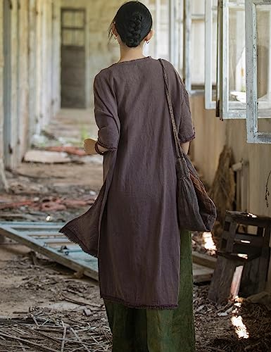 NFYM Women's Linen Midi Dress Short Sleeve Side Slit Distressed Frayed High Low Tunic Dresses2