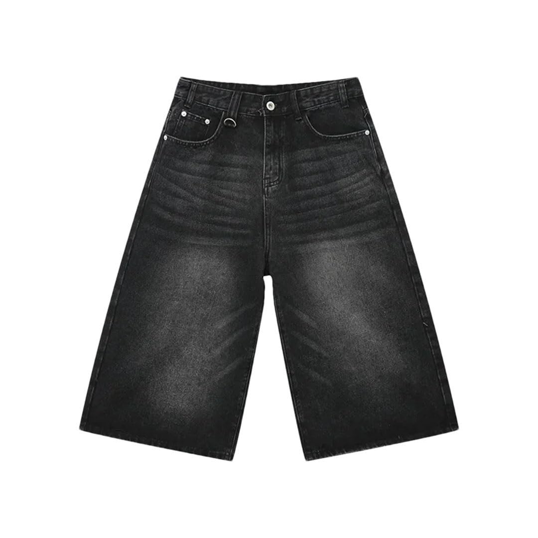 Damskie retro szerokie nogawki workowate denim Harajuku wysoka talia luźne spodenki punkowe, Czarny, S