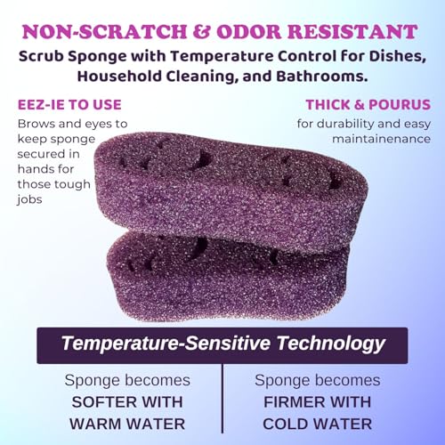 Image of Smilyeez Double-Size Scrub Moji Sponge 2-Pack - Dual Smiling Faces, Temperature-Responsive Scrubber - Scratch-Free, Odor & Stain Resistant - Purple
