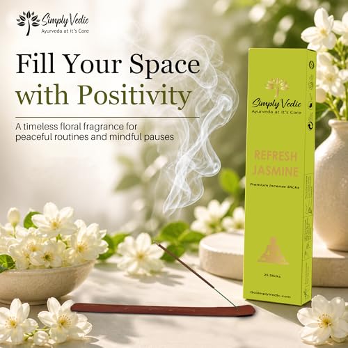 Image of Simply Vedic Luxe Jasmine Incense Sticks (50 Sticks) Hand Rolled Masala Agarbatti with Holder | Natural Long Lasting Fragrance for Puja Home Fragrance Meditation Floral Aroma Low Smoke