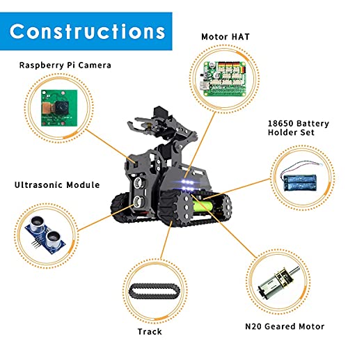 Gewbot DIY Robot Model Kit for Raspberry Pi 4/3 Model B+/B WiFi Wireless Smart Robot Car Kit with 4-DOF Robotic Arm/OpenCV Target Tracking/Video Transmission Rasptank Robotic Kit with PDF - Image 7