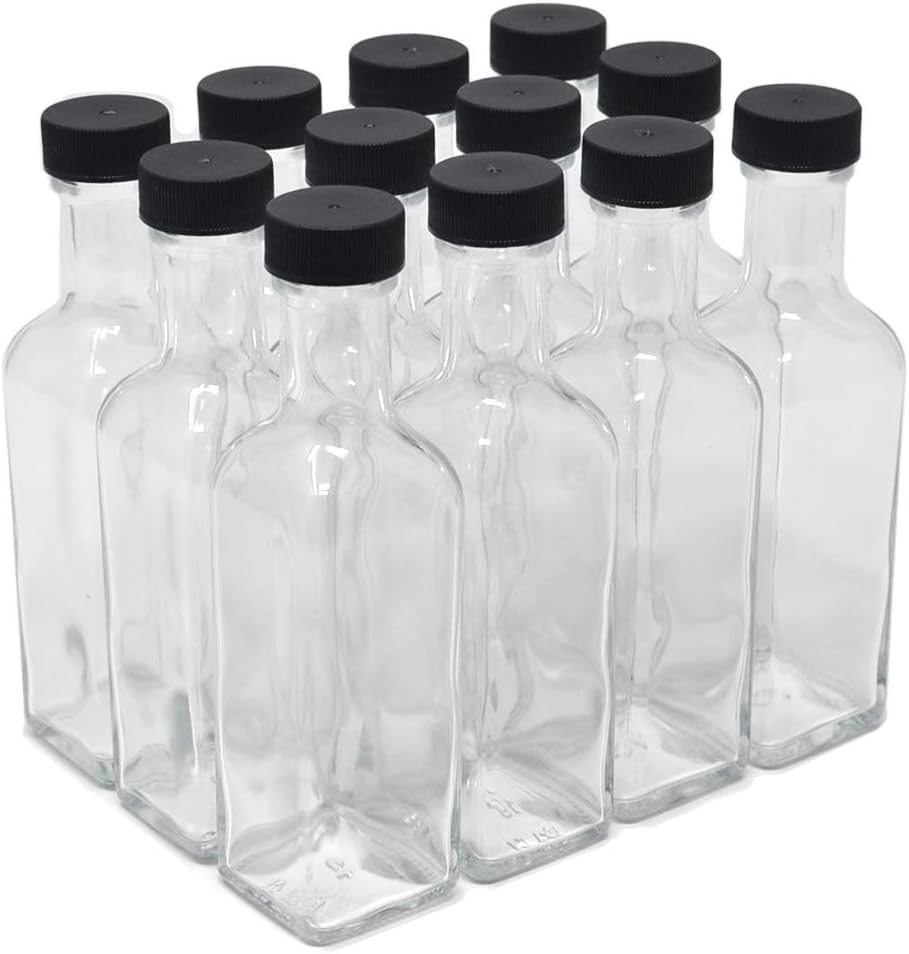 NiceBottles - Clear Glass Quadra Bottles, 250ml, White Caps (8.5 Fl Oz) - Pack of 6: Kitchen & Dining