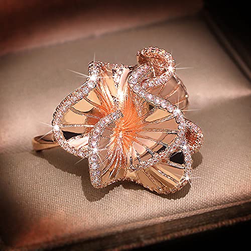 CZ Camellia Flower Promise Ring for Women Girls Rose Gold-Toned Crystal Wave Leaf Statement Band Rings Comfort Fit Elegant Wedding Birthday Party Jewelry3