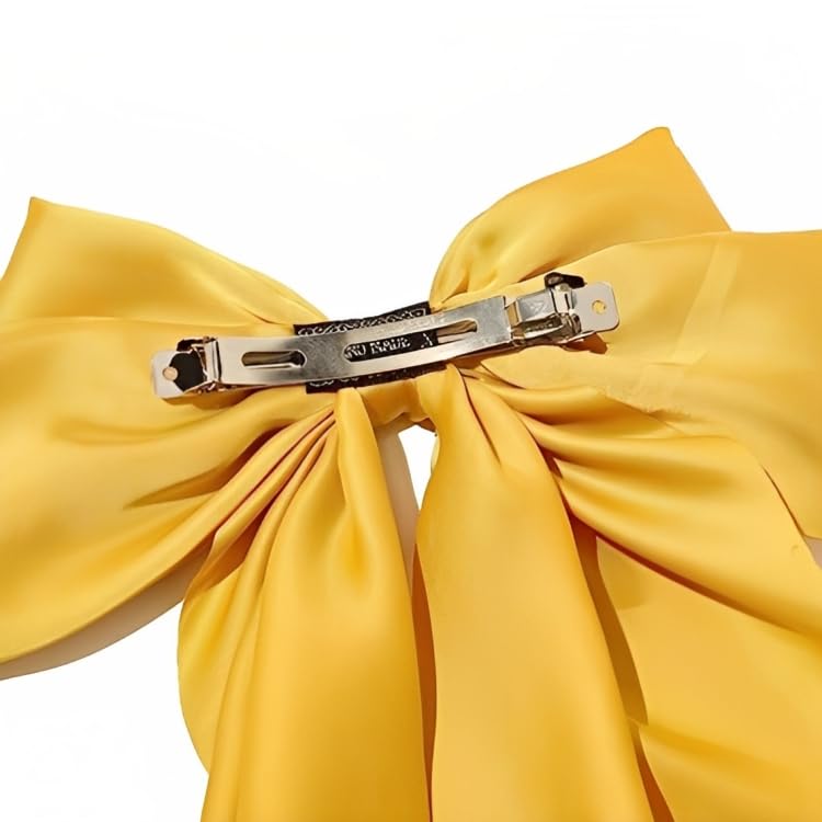 Image of FilterFashion Big Satin Layered Hair Bows for Women Girls 11.5 Inch Barrette Hair Clip Long Back Ribbon Bows French Style Hair Accessories (Yellow,White)