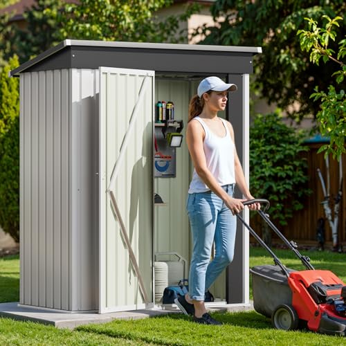 Image of Devoko Outdoor Storage Shed 5 x 3 FT Lockable Metal Garden Shed Steel Anti-Corrosion Storage House with Single Lockable Door for Backyard Outdoor Patio (White)