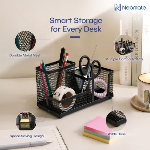 Image of Neomate Metal Mesh Desk Organizer Pen Stand with 3 Compartments - Keeps Pens, Scissors and Stationery Tidy for Office, Study Table and WFH Desk Setup (Black color)