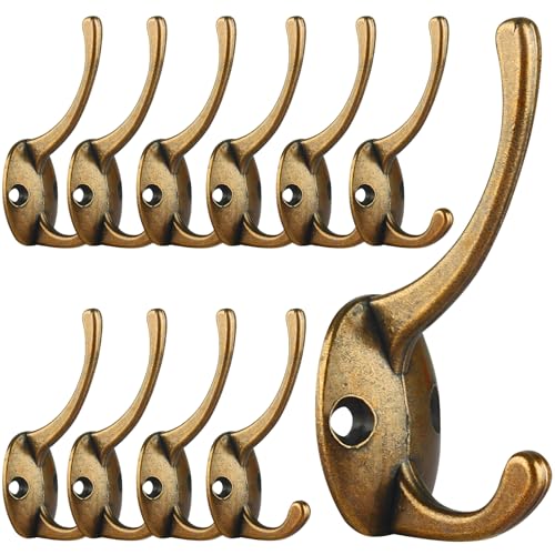 IBosins 12 Pack Antique Brass Coat Hooks Wall Mounted with 24 Screws Retro Double Hooks Utility Antique Brass Hooks for Coat Scarf Bag Towel Key Cap Cup Hat