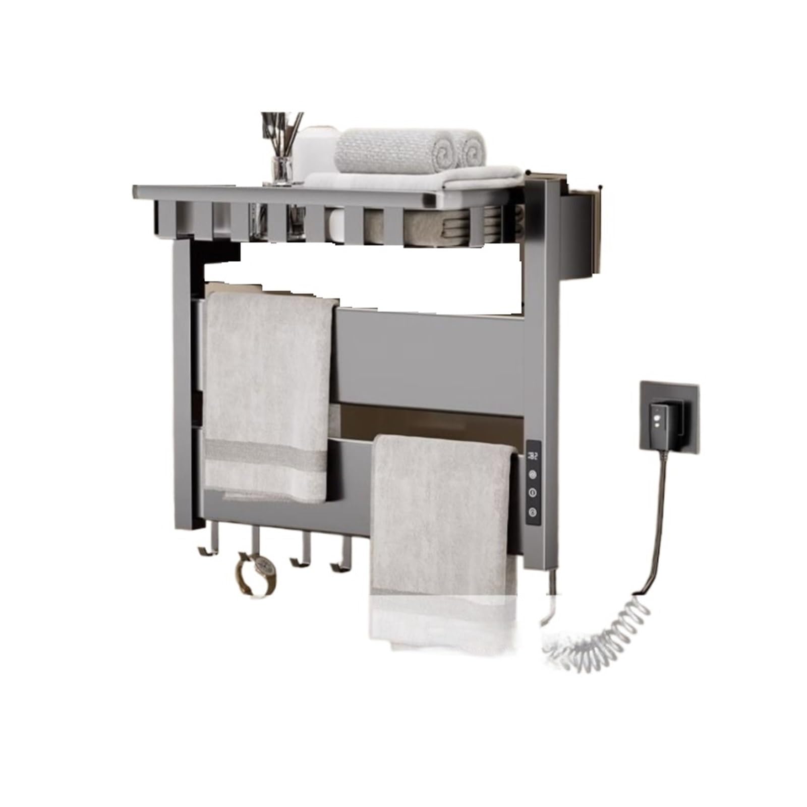 Portasciugamani Elettrico A Temperatura Controllata for La Casa, Riscaldamento, Stendibiancheria, Hotel, Portasciugamani Non Perforato, Accessori for Il Bagno Sicuro Efficace(Left,Gray-Shelf)