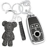 Rayslesan Cute Key Fob Cover with Rhinestone Bear Charm, Bling TPU Smart Key Case for Women, Compatible with Benz A C E S G GLA GLC GLE GLS CLA CLS GT (4-Button, Black-Silver)