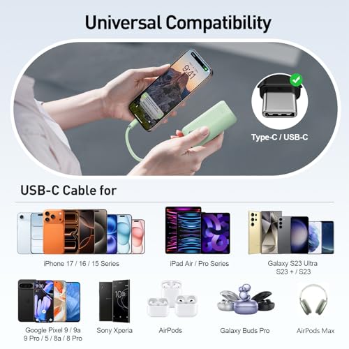 Image of iWALK Mini Portable Charger 10,000mAh, 22.5W USB-C Fast Charging Power Bank with Built-in Cable, Travel Essential Ultra-Small Battery Pack Compatible for iPhone 17 /16 /16 Pro /15, Samsung, Google, Green