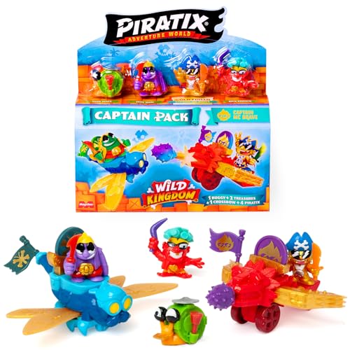 PIRATIX, ADVENTURE WORLD Serie Wild Kingdom, Captain Pack MC Brave – Incluye 4 Piratix, 1 capitán Dorado, 4 Accesorios Color Change, 1 Buggy, 1 Ballesta, 2 Tesoros exclusivos, 2 Banderas, Pack 5/6