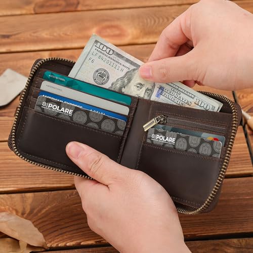 Polare Full Grain Leather Bifold Wallet for Men RFID Blocking Card Case with AirTag Slot and YKK Zip Coin Pocket2