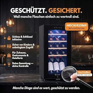 Sommertal Frigorifero per vino con porta in vetro WK50 – 15 bottiglie, regolabile 5–20°C, bloccabile, illuminazione a LED, porta in vetro, touchscreen, 4 ripiani in legno, silenzioso e a risparmio