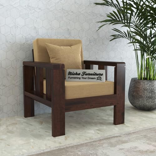 Image of Solid Wooden 1 Seater Sofa with Beige Cushion | Sheesham Wood Sofa 1 Seater, Single Seater Sofa for Living Room and Home Furniture in Walnut Finish | Sheesham Wood Sofa