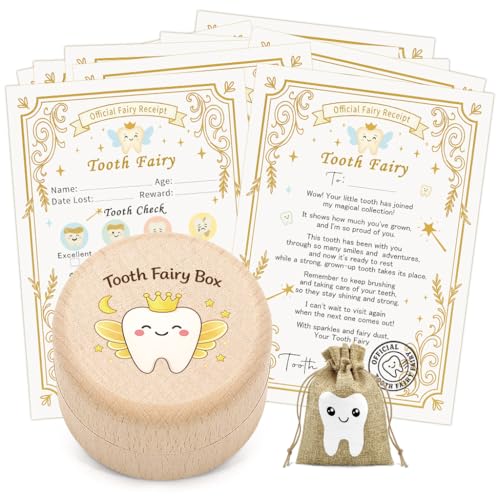 HUNGBAN 12 Piece Set tooth fairy tooth fairy box tooth fairy bag wooden keepsake holder with 10 A6 certificate cards a magical memory gift for boys girls losing teeth moments