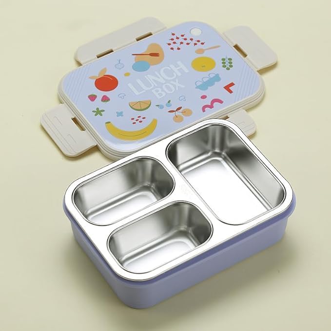 Image of Stainless Steel Lunch Box | 3-Compartment Bento Box, Leak-Proof, BPA-Free, Eco-Friendly Meal Prep Container for Adults, Kids, School, Work, & Travel | Durable & Portable Tiffin Box (Lavender)