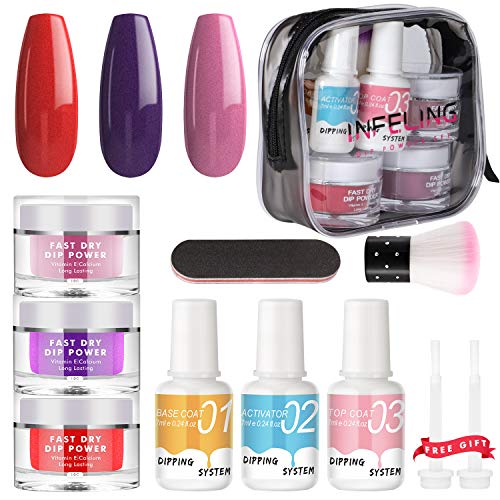 Nail Dipping Powder Kit - 1s Fast Dry Dip Nail Powder System Starter Kit 3 Colors Dip Powder Nail Kit Acrylic Dip Powder Set INFELING French Nail Manicure Nail Art Set No UV/LED Lamp Needed with Bag
