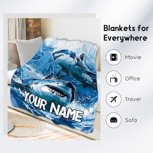 Custom Shark Blanket with Name - 60x80 Inches Cute Throw Blanket for Boys - Blue Soft Fuzzy Blankets for Bed, Couch & Living Room