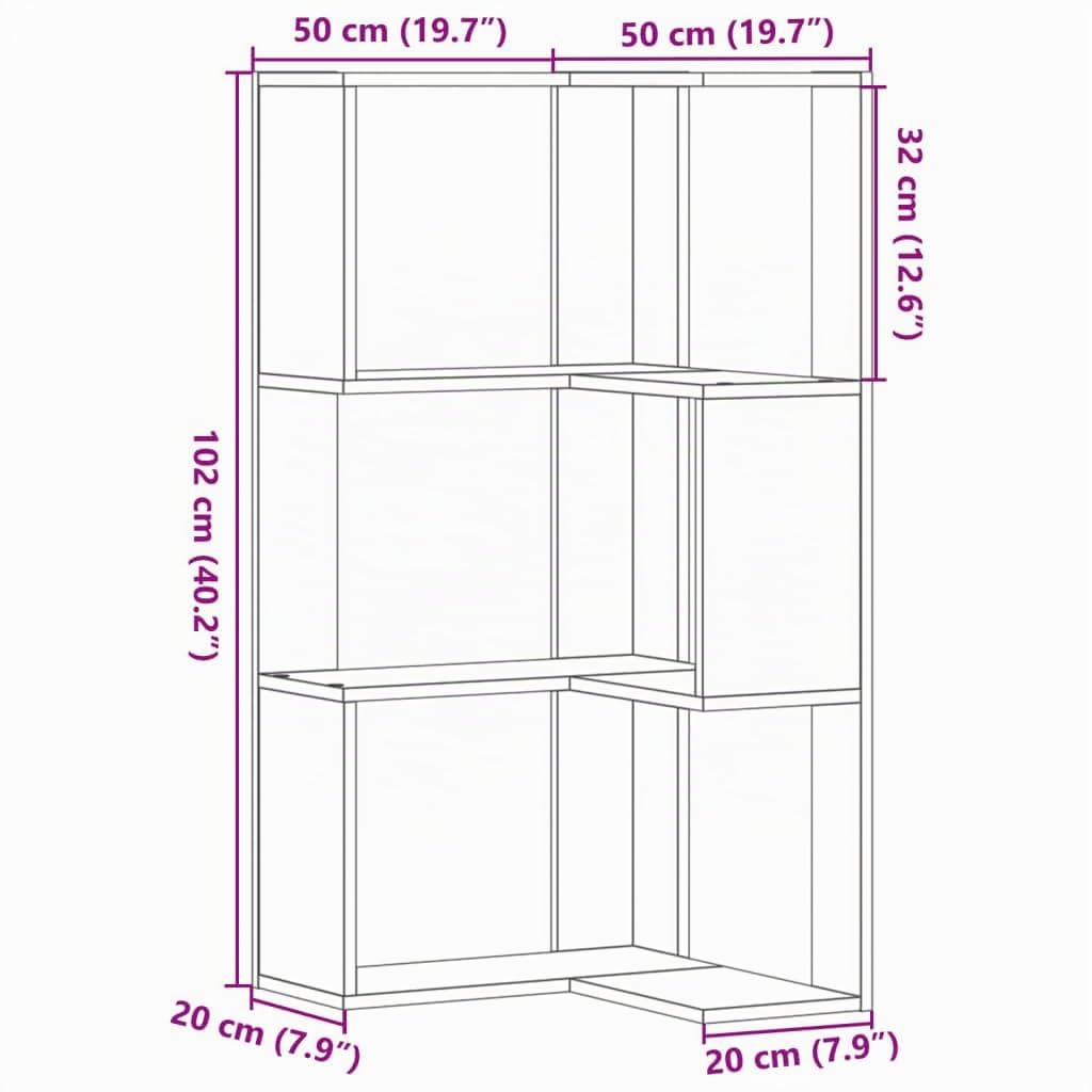 vidaXL Bibliothèque d'angle à 3 Niveaux Sonoma Gris Bois d'ingénierie, étagère à Livres d'angle, vitrine d'angle, Armoire d'angle