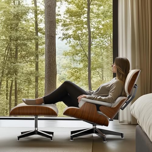 Image of Top White PU Leather, Mid Century Chaise Lounge Chair and Ottoman, Modern Chair Classic Design, Walnut Wood, Heavy Duty Base Support for Living Room Office