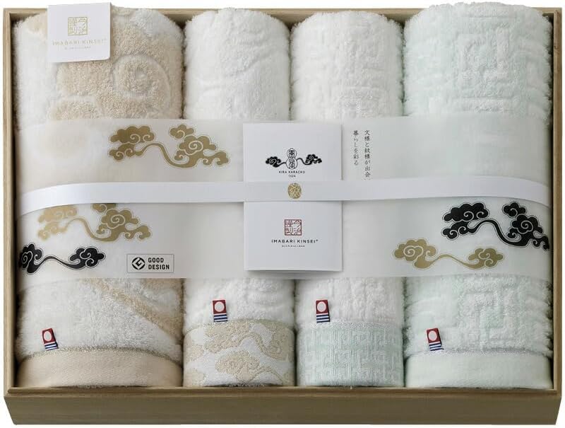 実りの秋の贈り物 唐長文様タオルセット（木箱入） 今治謹製 コンパクトバスタオル（約50&times;100cm）・ロングフェイスタオル（約34