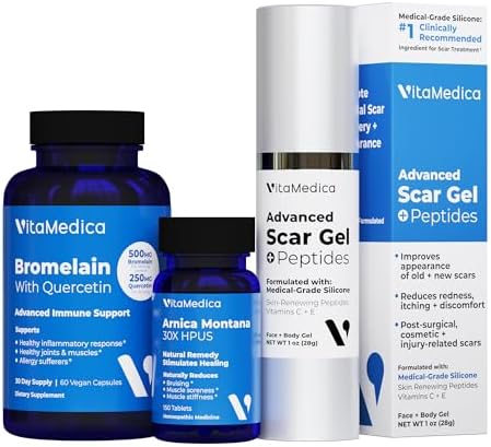 VitaMedica Advanced Skin & Tissue Essentials Bundle - Includes Arnica Montana 30X, Bromelain with Quercetin, and Peptide Silicone Gel - Professional 3-Piece Wellness Kit