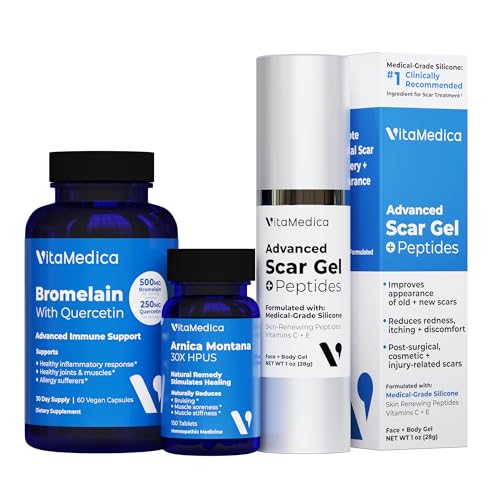 VitaMedica Advanced Skin & Tissue Essentials Bundle - Includes Arnica Montana 30X, Bromelain with Quercetin, and Peptide Silicone Gel - Professional 3-Piece Wellness Kit