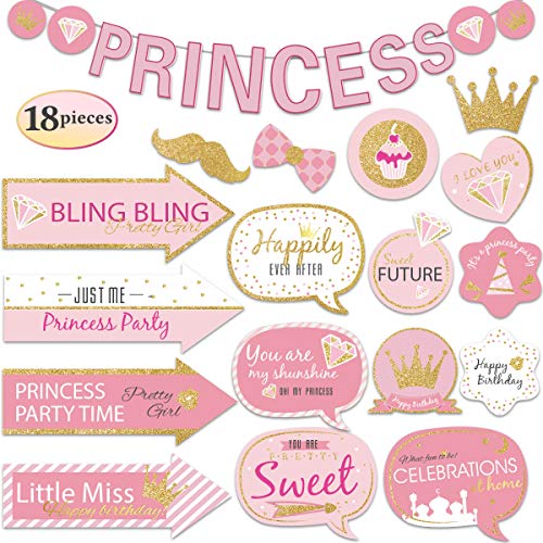 NICROLANDEE Princess Party Decorations - 18Pcs Princess Photo Booth Props with Stick Glitter Photo Booth Props Kit for Girls Party, Baby Shower, Birthday, Fairytale Photography Backdrop Decorations