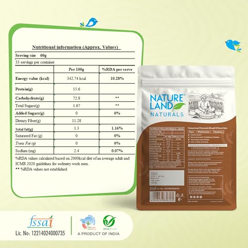 Image of Natureland Naturals Khapli flour 2 kg- Low-Gluten Wheat Flour | High Dietary Fiber for Easy Digestion | Stoneground Emmer | Khapli Atta (Pack of 2)