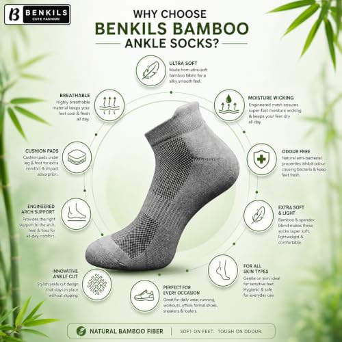 Image of BENKILS Bamboo Ankle Socks for Men & Women | Ultra-Soft, Odour-Free and Breathable | Padded Base and Anti-bacterial | 3X Softer than Cotton | Free Size Regular Socks.