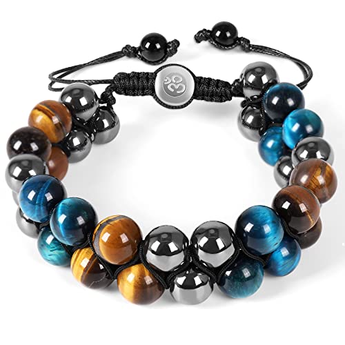 Armband Dreifacher Schutz, ISENPENK Armband für Herren Damen Heilung Naturstein Geflochtenes Armband 8mm/10mm Tigerauge, Schwarzer Obsidian, Hämatit Perlen Stein Armband Geschenke für Männer Cover