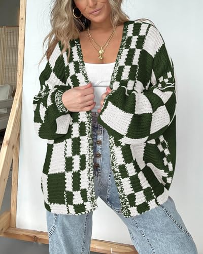 Image of BTFBM Casual Cardigan Sweater for Women Fall 2026 Long Sleeve Open Front Chunky Knit Sweaters Checkered Outwear Coat