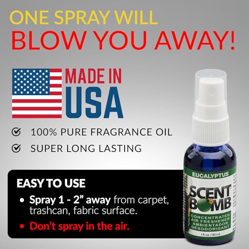 Image of Scent Bomb Air Freshener Spray, Long-Lasting Odor Eliminator - Effective Deodorizer for Home & Car, Fresh Room Spray for Kitchen, Bathroom & Smell Neutralizer - 1 oz Pack of 4, Eucalyptus Scent