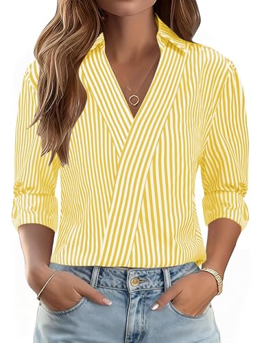 Image of LOMON 3 /4 Length Sleeve Womens Tops Dressy V Neck Collared Shirts Trendy Business Casual Work Blouses Vacation Outfits 2026