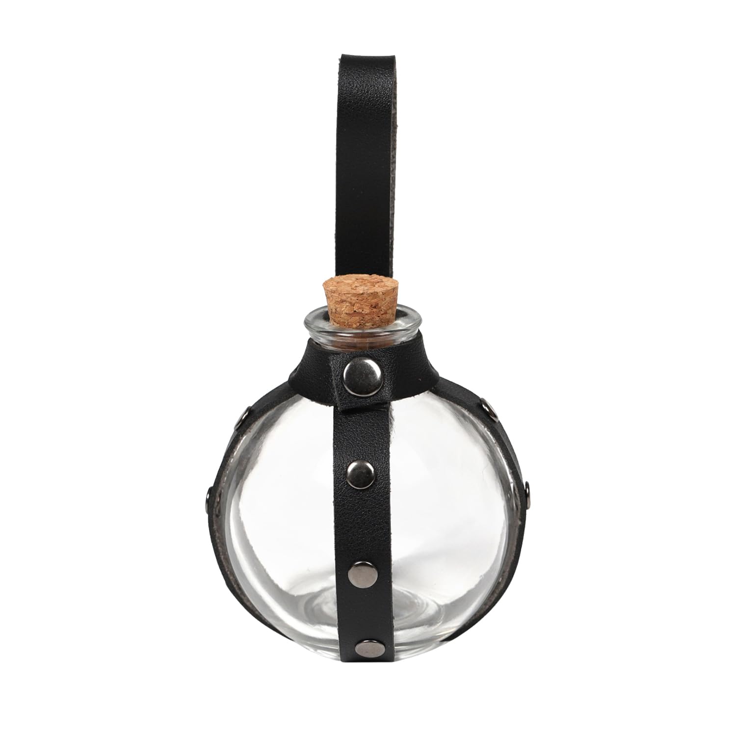 Myuilor Bouteille de potion en liège magique pour Halloween - Boule ronde en verre transparent avec ceinture en cuir médiéval Myuilor Bouteille de potion en liège magique pour Halloween - Boule ronde en verre transparent avec ceinture en cuir médiéval