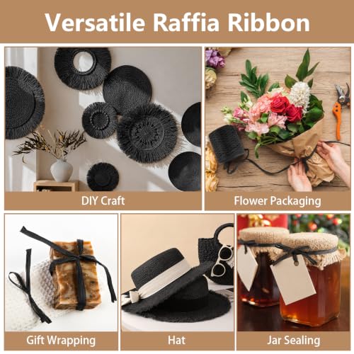 Image of BEVTEE 436 Yards Raffia Yarn for Crochet, Ribbons for Crafts, Black